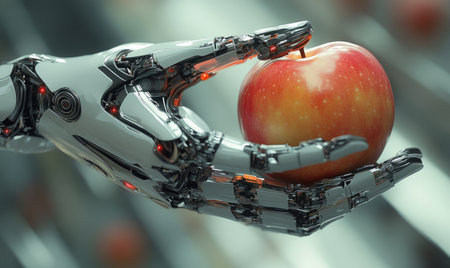 Robotic arm offering a fresh appleの素材