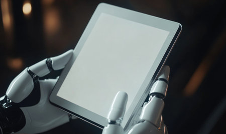 Robotic hand holding a tablet, blank screenの素材