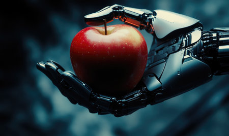 Robot fingers holding gently an appleの素材