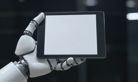 Robotic hand holding a tablet, blank screenの素材