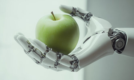 Robot's advanced hand holding a green appleの素材