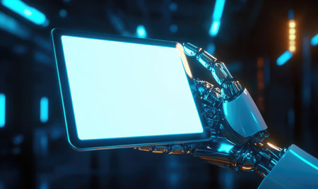Robotic hand holding a tablet, blank screenの素材