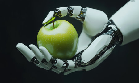 Robot's advanced hand holding a green appleの素材