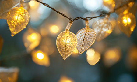 String lights with glass leaves, soft warm glowの素材