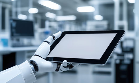 Robotic hand holding a tablet, blank screenの素材