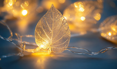 String lights with glass leaves, soft warm glowの素材