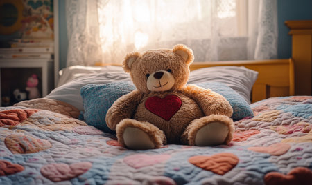 Brown teddy bear on bed, heart-patterned quilt, pastel-colored room, soft morning lightの素材