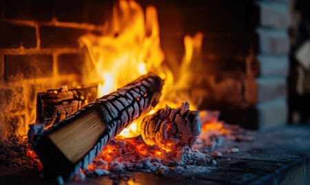 Close-up of a roaring fire in a classic fireplace, flickering flamesの素材