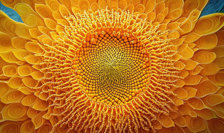 Close-up of sunflower center, intricate patterns, vibrant yellow petalsの素材