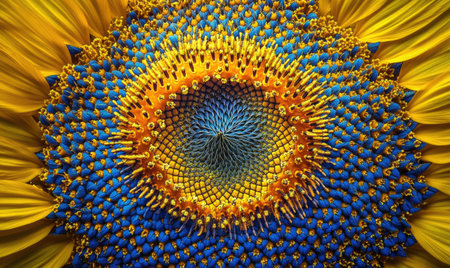 Close-up of sunflower center, intricate patterns, vibrant yellow petalsの素材