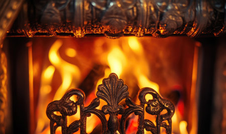 Close-up of fire in a vintage fireplace, intricate metalworkの素材