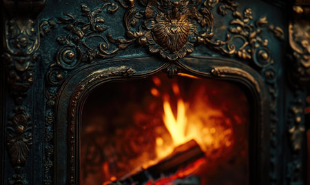 Close-up of fire in a vintage fireplace, intricate metalworkの素材