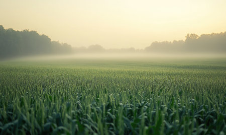 Cornfield at dawn, soft light, vibrant green, misty horizonの素材