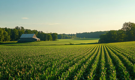Cornfield with distant farmhouse, green expanseの素材