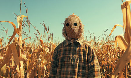 Cornfield with a scarecrow, tall stalks, clear skyの素材
