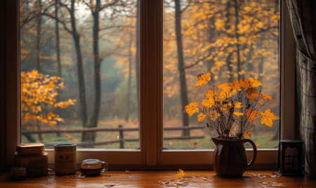 Cozy corner, large window, view of a rainy autumn forest, golden leavesの素材