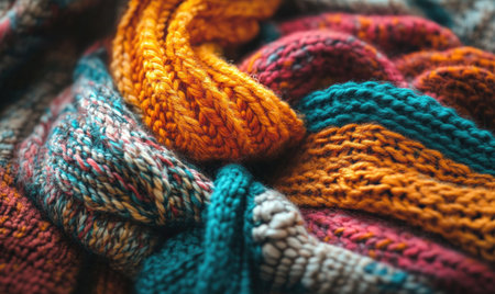 Vibrant knitted hats on a rustic wooden backgroundの素材