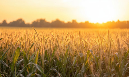 Cornfield at dusk, soft light, golden huesの素材