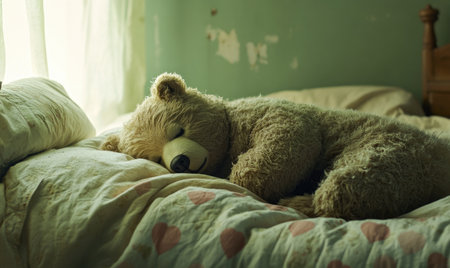 Fluffy bear nestled in cozy bedding, heart-patterned quiltの素材