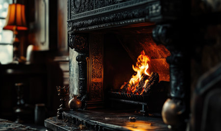 Fire burning brightly in a vintage fireplaceの素材