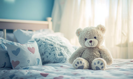 Fluffy bear sitting on bed, heart-patterned sheetsの素材