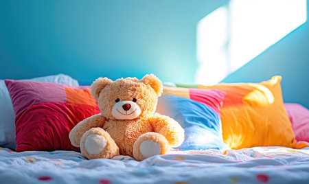 Fluffy teddy bear on cozy bed, rainbow pillowsの素材