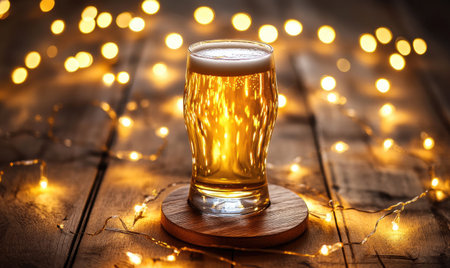 Glass of light beer on wooden coaster, garland lights on backgroundの素材