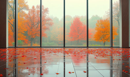 Minimalist space, floor-to-ceiling window, misty autumn landscapeの素材