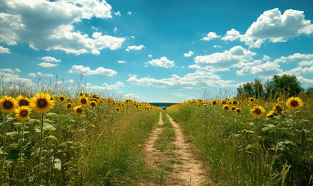 Path leading through sunflower field, tall bloomsの素材