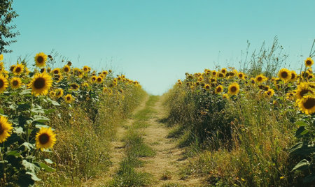 Path through sunflower field, tall blooms on both sidesの素材