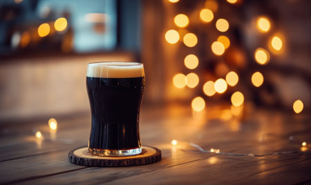 Pint of dark beer on wooden coaster, encircled by warm fairy lightsの素材