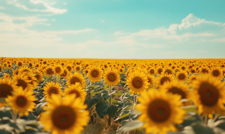 Closeup view on sunflower field, selective focusの素材