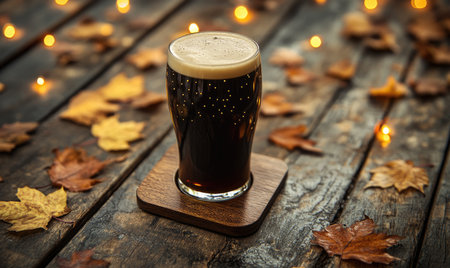 Pint of dark beer on wooden coaster, surrounded by warm fairy lights, autumn leaves scatteredの素材
