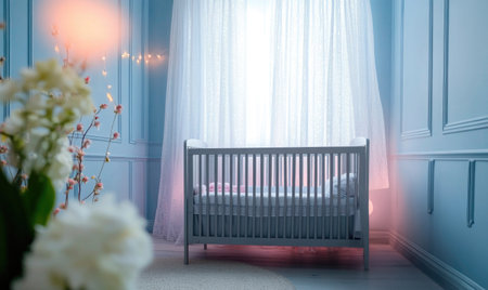 Light gray crib under soft pink lights, soft blue wallsの素材