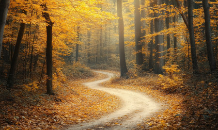 Autumn landscape with forest, winding trail, golden leaves, sunlight filtering throughの素材