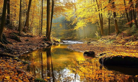 Closeup view on the river in autumn forestの素材