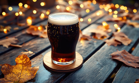 Pint of dark beer on wooden coaster, surrounded by warm fairy lights, autumn leaves scatteredの素材