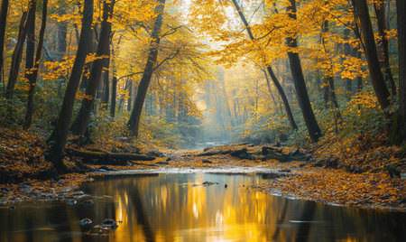 Closeup view on the river in autumn forestの素材