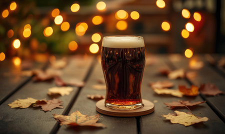 Pint of dark beer on wooden coaster, warm fairy lights, autumn leaves scatteredの素材