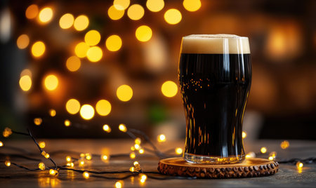 Pint of dark beer on wooden coaster, encircled by warm fairy lightsの素材