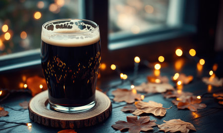Pint of dark beer on wooden coaster, surrounded by warm fairy lightsの素材