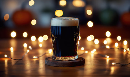 Pint of dark beer on wooden coaster, surrounded by warm fairy lights, autumn leaves scatteredの素材