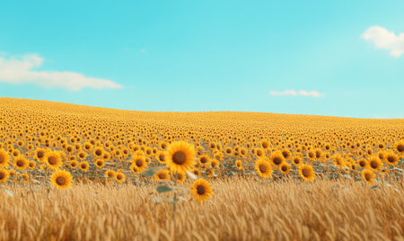 Closeup view on sunflower field, selective focusの素材