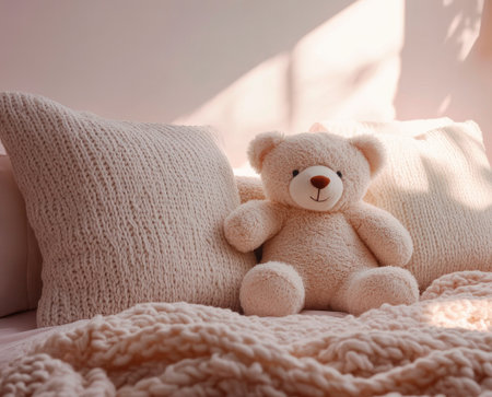Plush bear surrounded by pillows, cozy knitted blanketの素材
