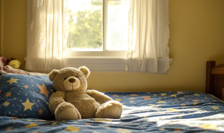 Plush bear on bed, starry night-themed sheets, light yellow wallsの素材