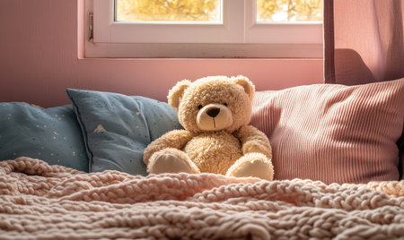 Plush bear surrounded by pillows, cozy knitted blanketの素材