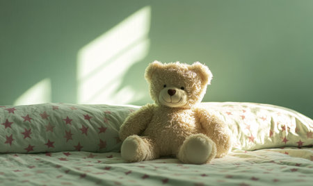 Plush teddy bear nestled in pillows, cozy knitted blanketの素材