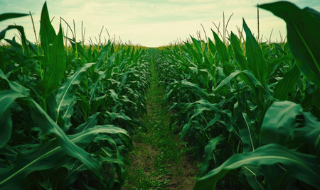 Serene cornfield, endless rows, lush green, soft breezeの素材