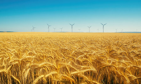Vast wheat fields, turbine winds in the distanceの素材