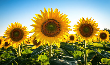 Vast sunflower field under a clear blue skyの素材